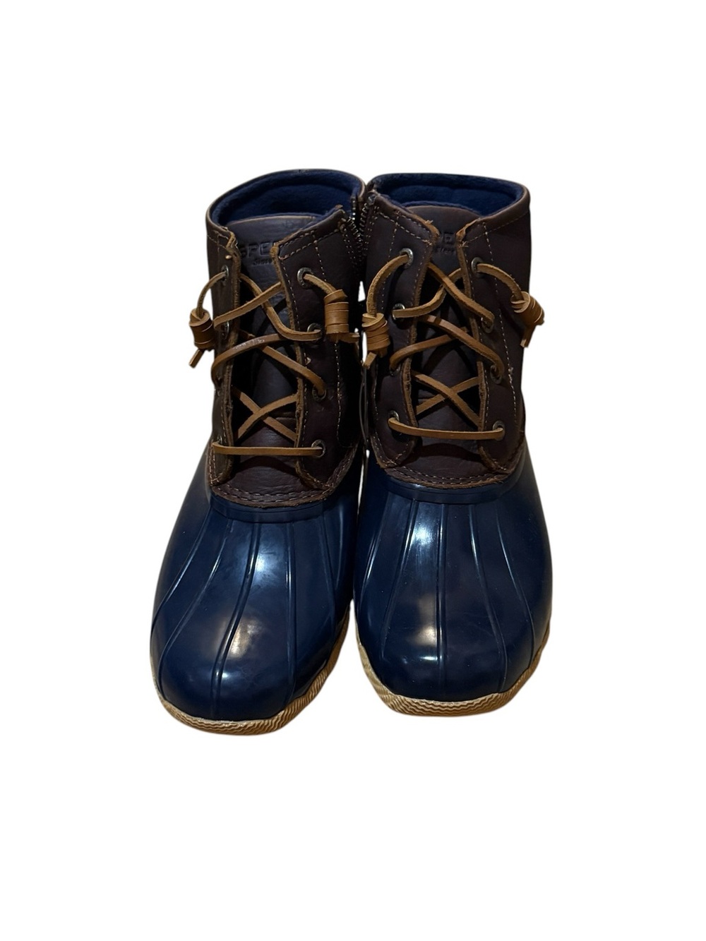 Women’s USA 8.5 by Sperry Navy and Brown Duck minimalist quiet luxury rain boots